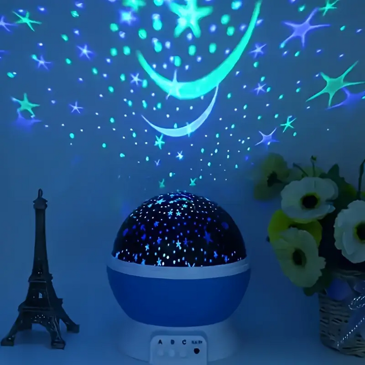 Soothing LED star projector night light, ideal for children's room ambiance and a perfect kids' gift.