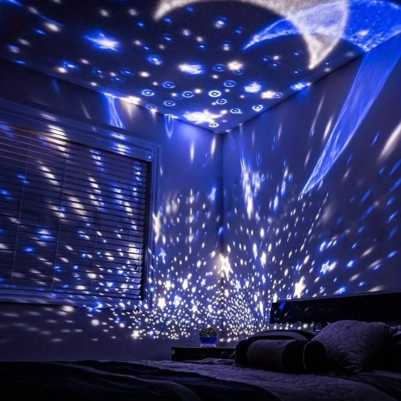 Celestial rotating star projector, a soothing LED night light enhancing any child's bedroom ambiance.