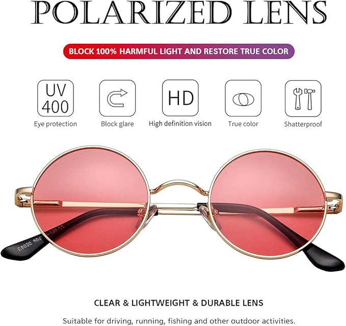 Lightweight polarized sunglasses with round frames. Offers comfort fit & UV protection for outdoor style.