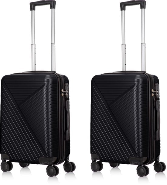 Unisex Santorini hard shell luggage set for travel. Includes a cabin bag and a large checked suitcase.
