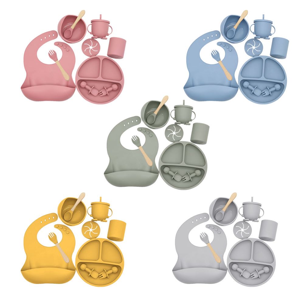 Ideal unisex baby shower gift: complete silicone feeding set with suction bowl, spill-proof bib, and ergonomic toddler spoon.