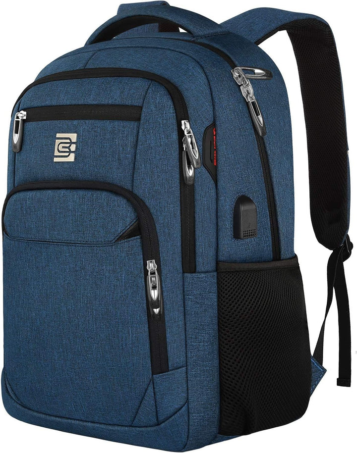 Secure slim backpack for laptops, anti-theft features, integrated USB port for easy charging access.