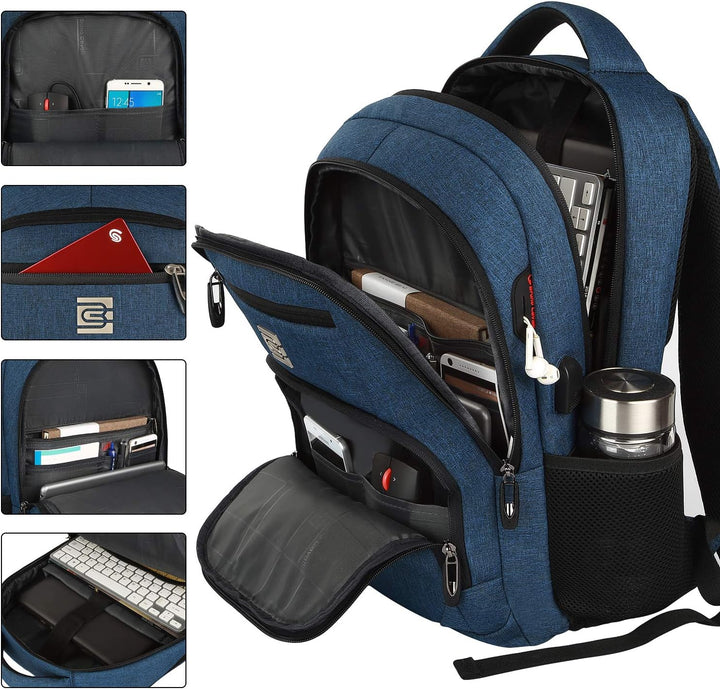 Front view: Slim anti-theft laptop backpack with clean lines, hidden zippers, and USB port.