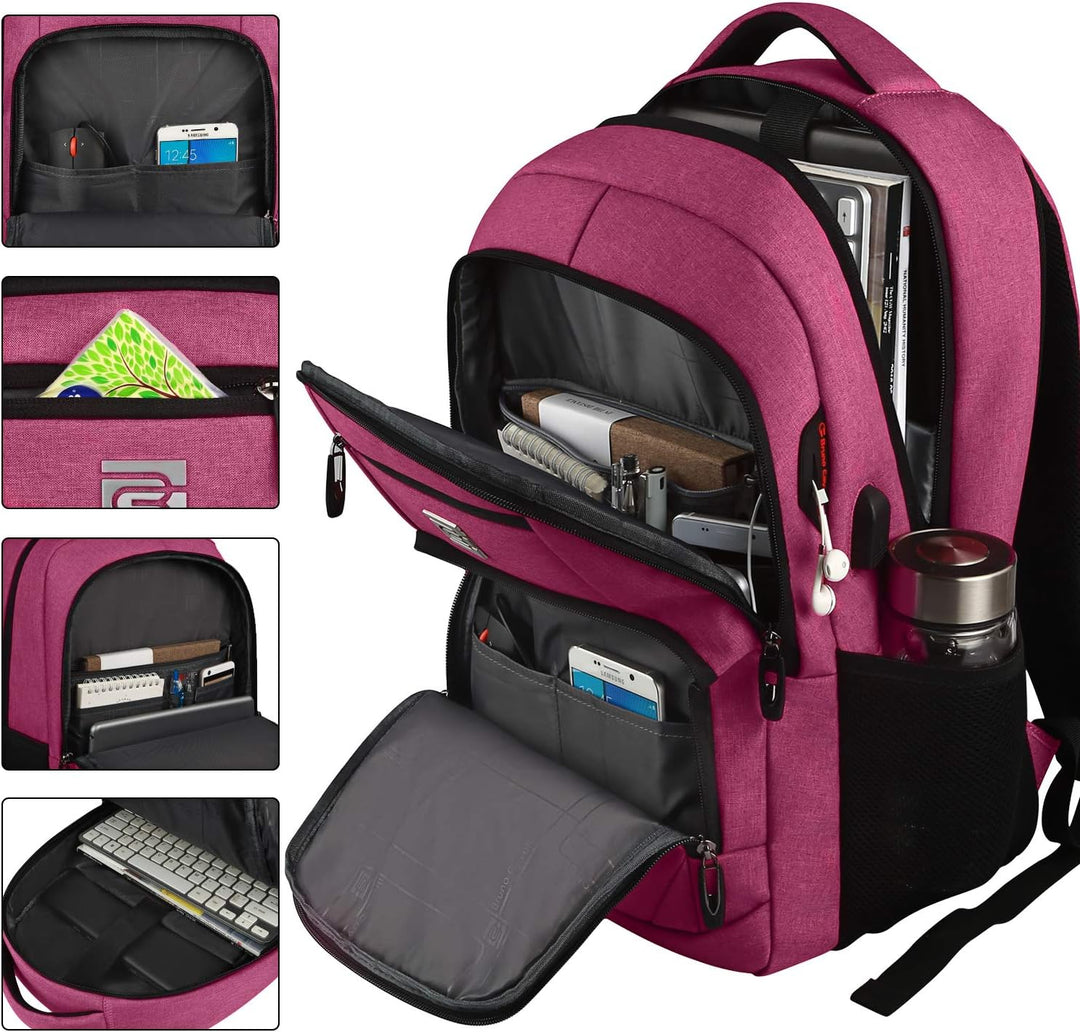 Side view: Slim profile of anti-theft laptop backpack, water-resistant fabric & USB charging port.