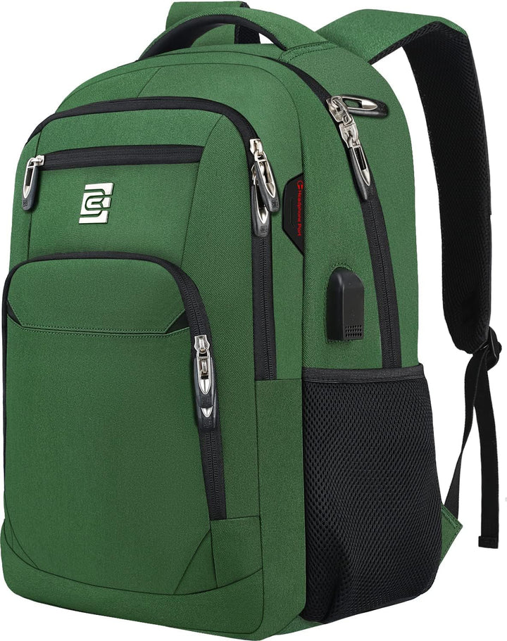 Padded laptop compartment inside anti-theft backpack, with USB pass-through for charging.