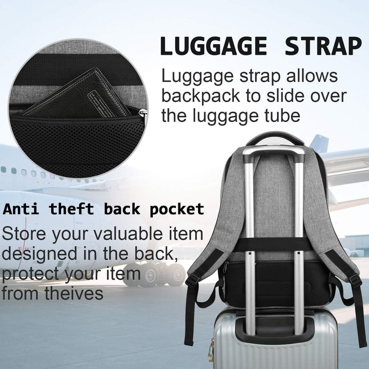 Anti-theft backpack on a person, showing its slim profile, perfect for daily commute & USB charging.