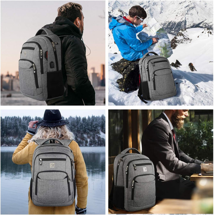 Durable anti-theft laptop backpack with water-resistant exterior & easy-access USB charging port.
