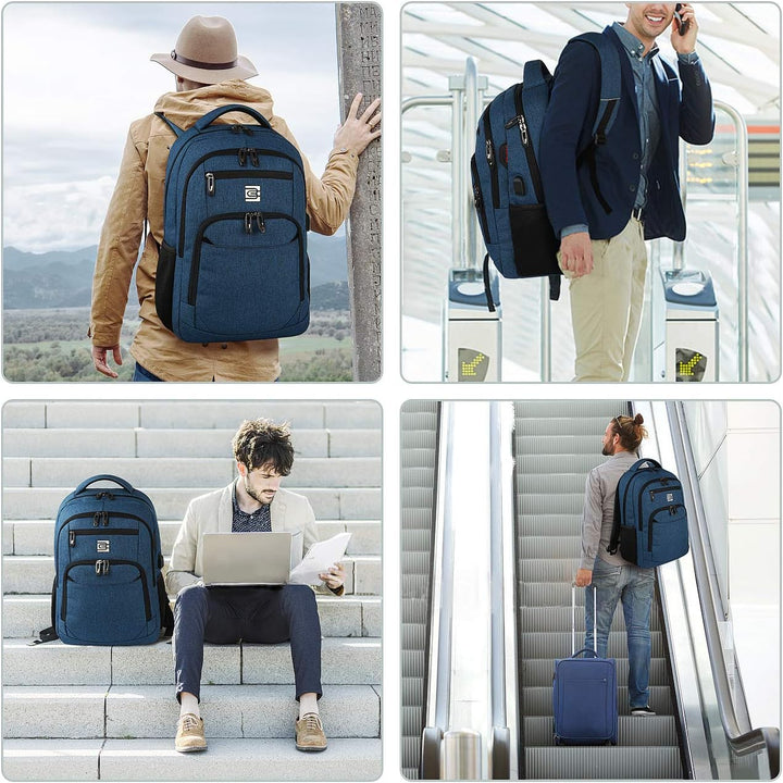 Slim laptop travel bag with secure anti-theft design, USB port for charging devices on the go.