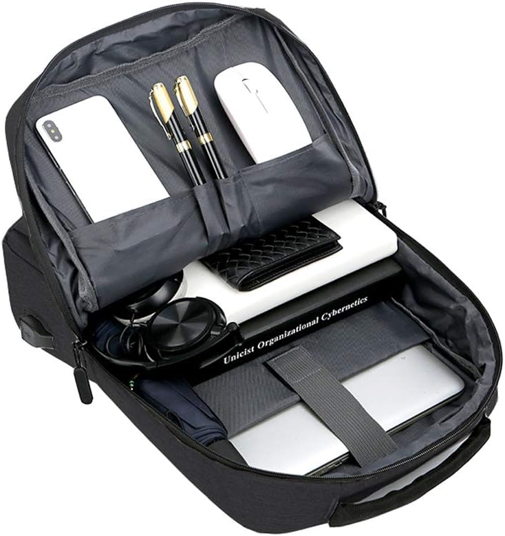 Grey unisex waterproof laptop backpack with USB charging port, ideal for school or work.