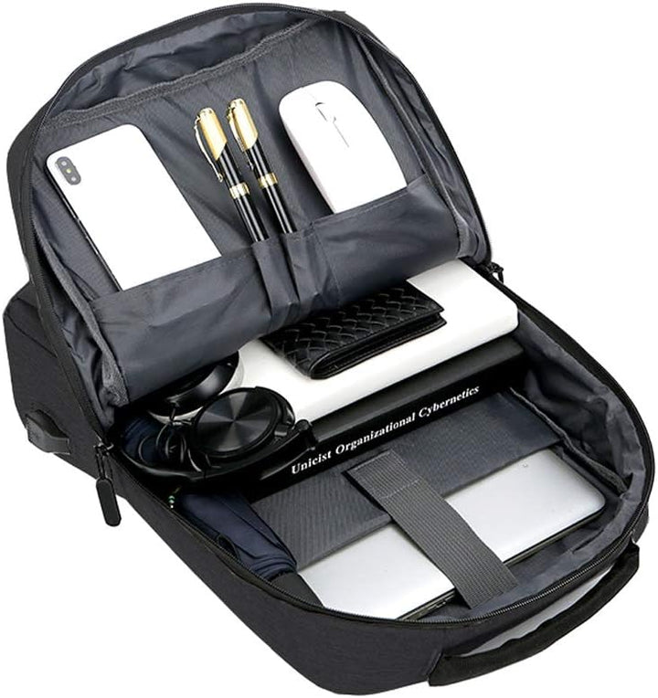 Grey unisex waterproof laptop backpack with USB charging port, ideal for school or work.