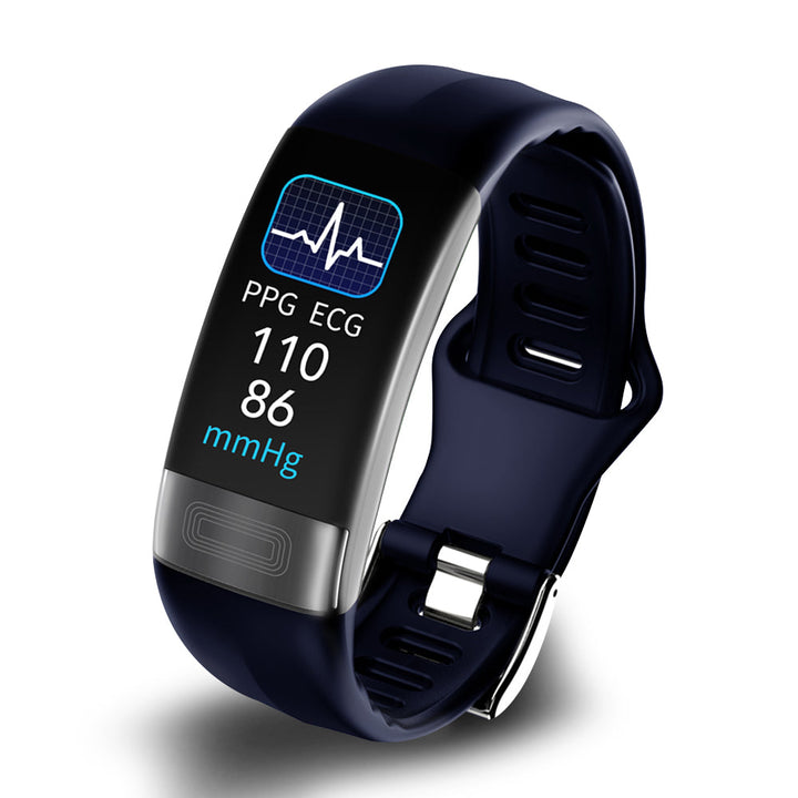 Sleek unisex smart bracelet displaying ECG, blood pressure, and heart rate data on its screen.