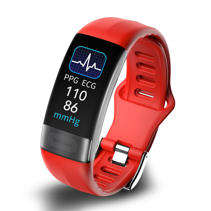 Person wearing a smart bracelet, actively monitoring blood pressure, heart rate, and ECG during daily use.