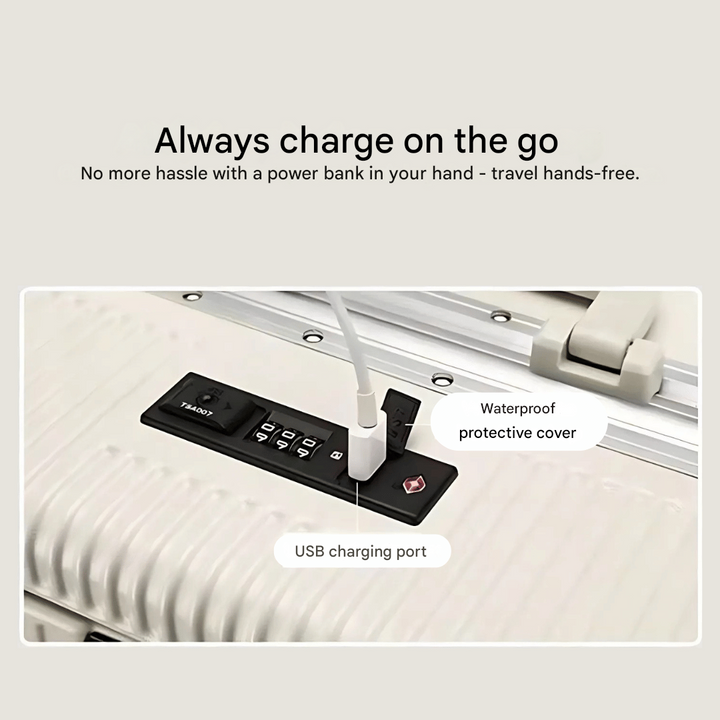 Smart hand luggage for seamless travel. Includes USB charging, laptop sleeve, and spinner wheels.