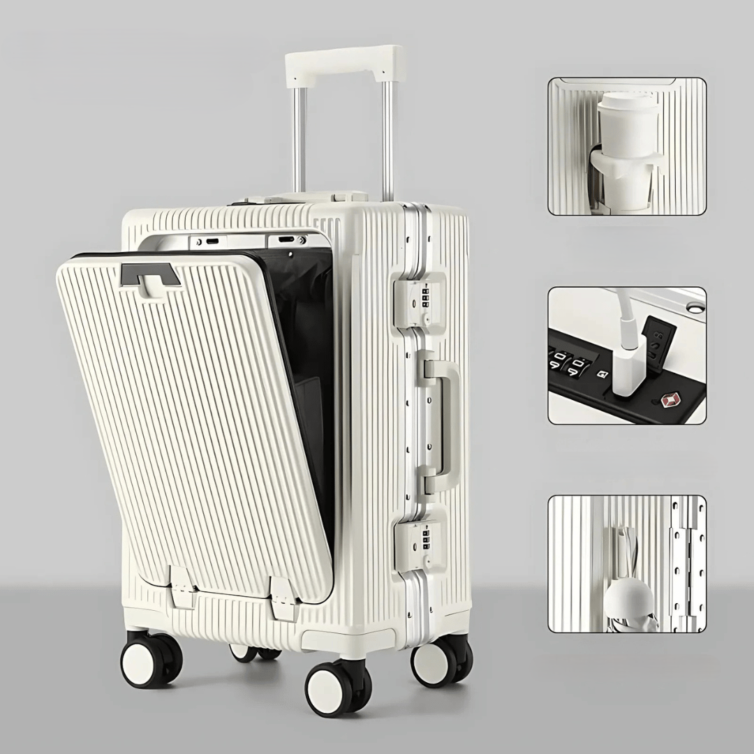 Premium travel gear: smart carry-on with USB port, laptop compartment, and silent spinner wheels.
