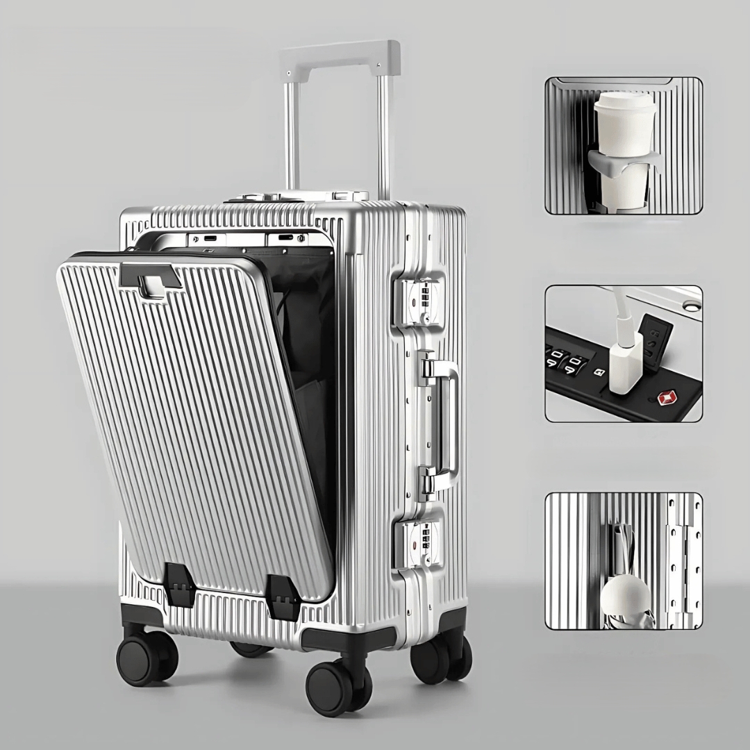 Practical compact suitcase, perfect for business travel. Features smart USB and secure laptop space.