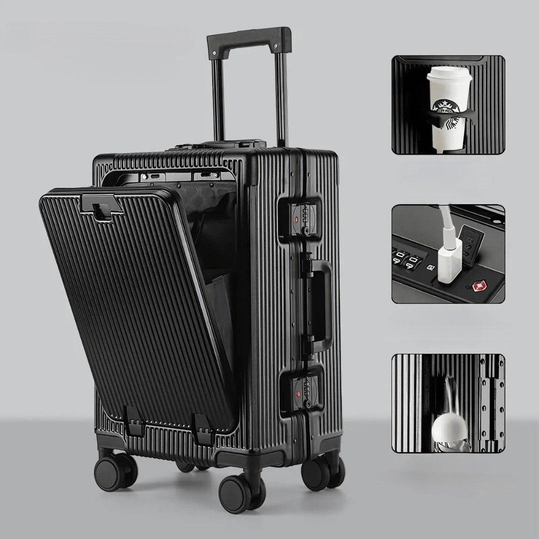 Carry-on suitcase designed for modern travelers, with USB charging & a dedicated laptop compartment.