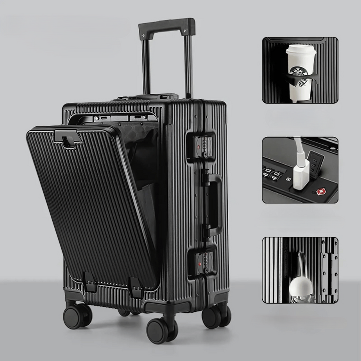 Carry-on suitcase designed for modern travelers, with USB charging & a dedicated laptop compartment.