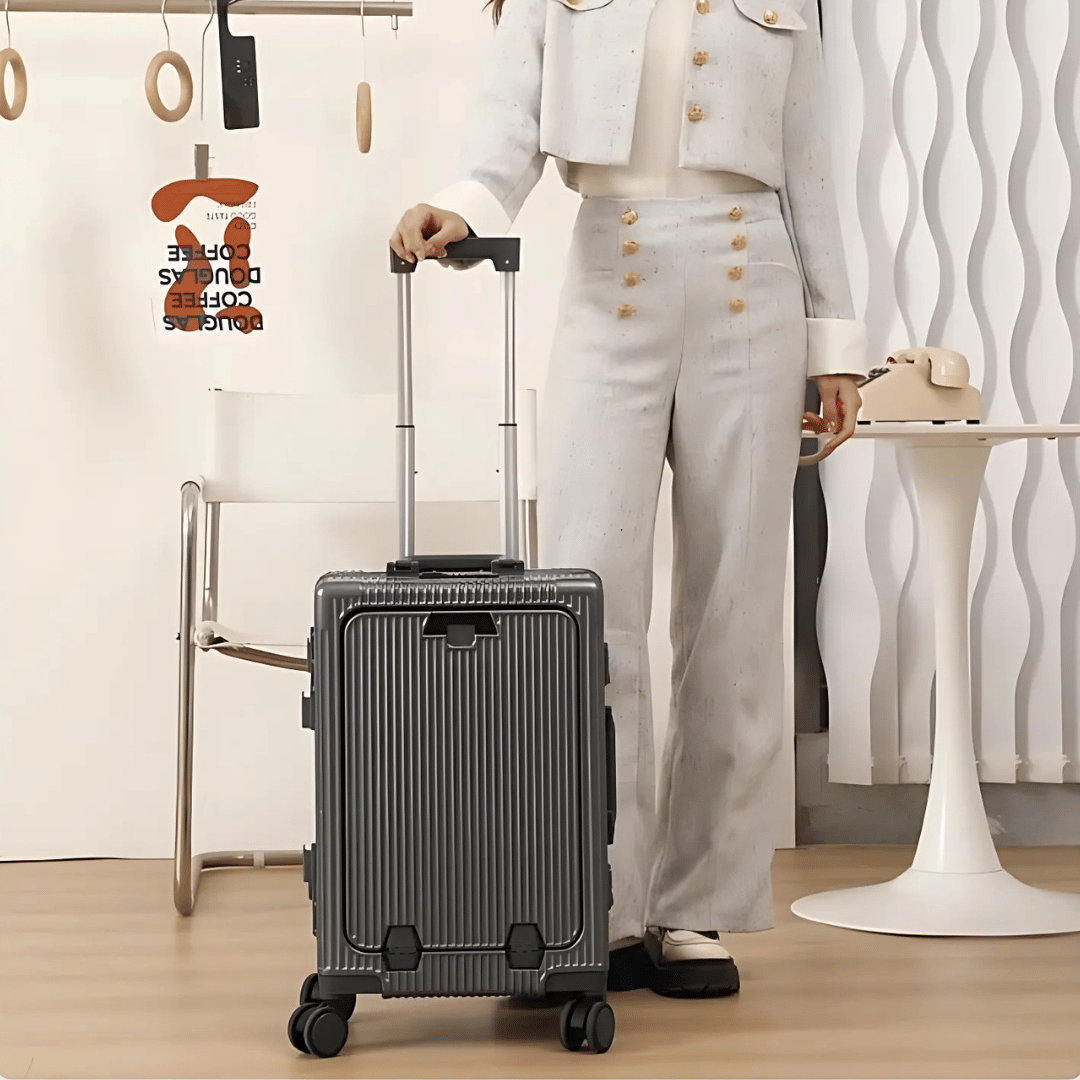 Durable smart carry-on suitcase for travel, featuring USB charging port & secure laptop compartment.