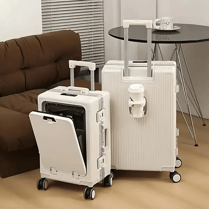 Compact hand luggage with spinner wheels, TSA lock, and USB charging. Ideal for business travel.
