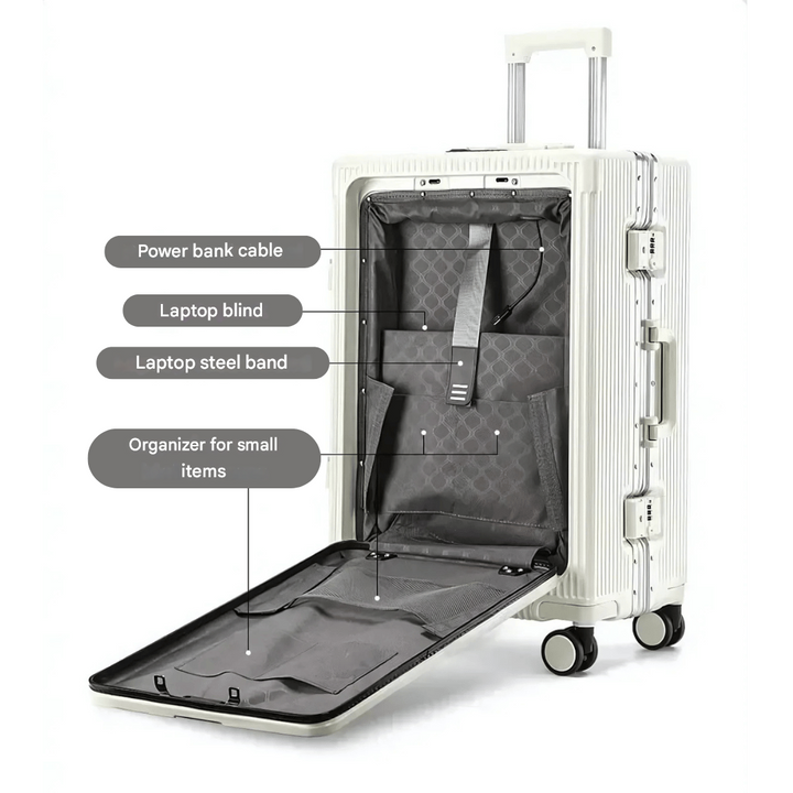 Smart suitcase, a compact travel accessory with smooth spinner wheels & TSA-approved lock.