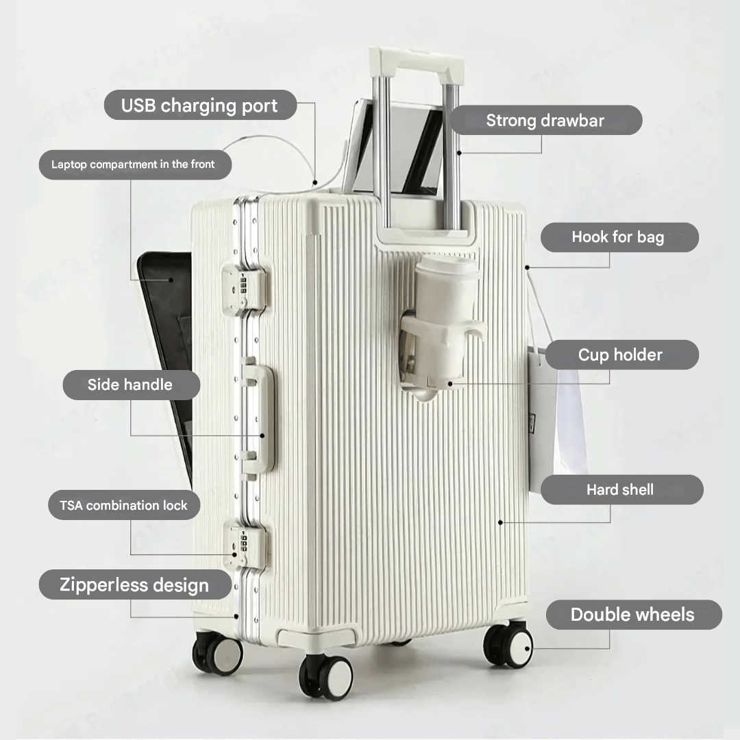 Business travel carry-on with easy-access laptop compartment & integrated USB charging. Hand luggage.