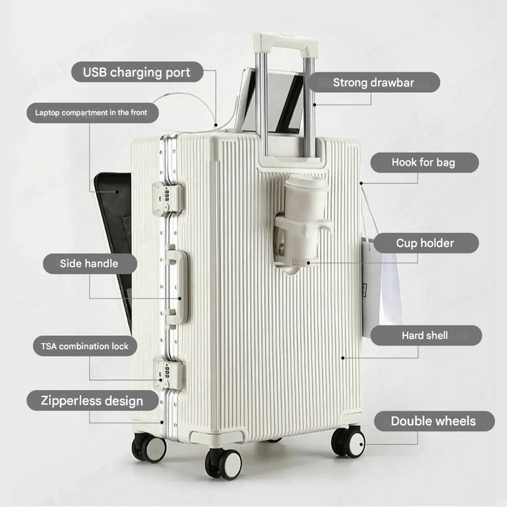 Business travel carry-on with easy-access laptop compartment & integrated USB charging. Hand luggage.