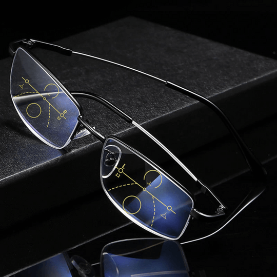 Unisex smart progressive reading glasses with blue light filter & anti-glare for enhanced multi-focal vision & eye care.