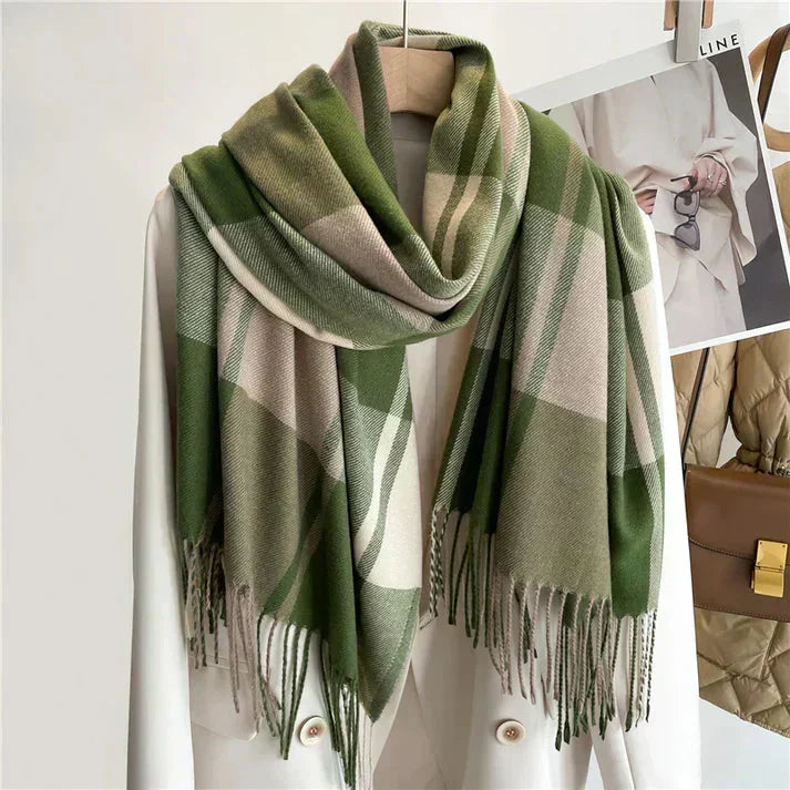 Unisex soft luxury cashmere winter scarf in a checkered pattern, perfect for warmth & a stylish cold weather accessory.