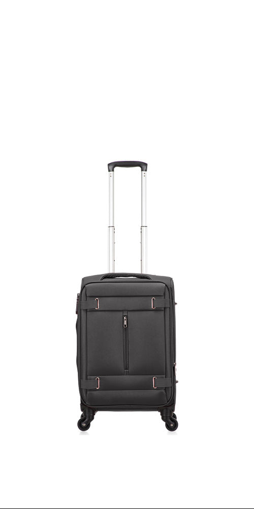 Unisex softshell cabin luggage with spinner wheels, perfect for efficient airplane travel.