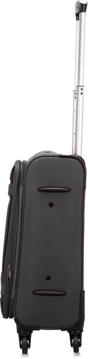Unisex softshell travel bag, carry-on size with multi-directional spinner wheels for easy airport navigation.