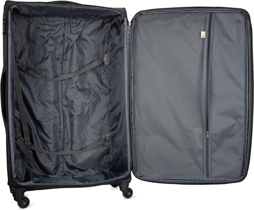 Stylish unisex softshell travel bag, lightweight carry-on with comfortable spinner wheel mobility.