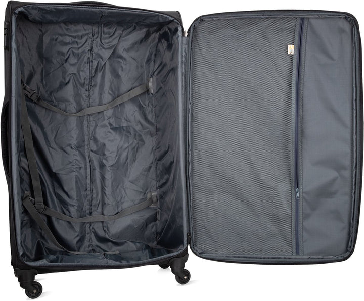 Stylish unisex softshell travel bag, lightweight carry-on with comfortable spinner wheel mobility.