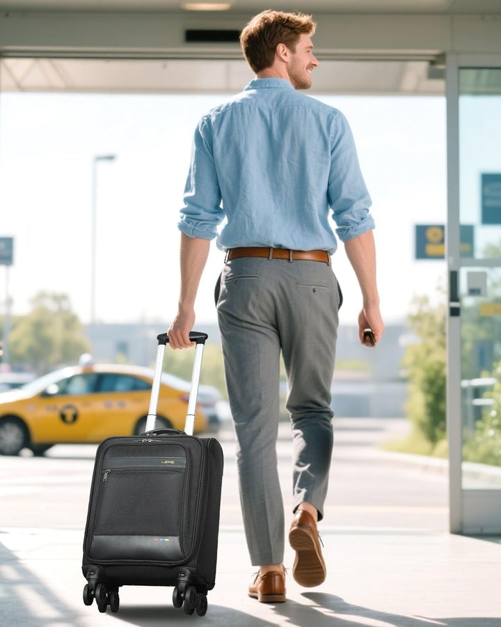 Lightweight unisex softside carry-on suitcase. Expandable design, rolling wheels, ideal for business travel.