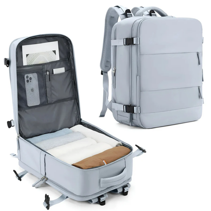 Open TravelMate hand luggage suitcase showing organized interior compartments for efficient packing & travel.