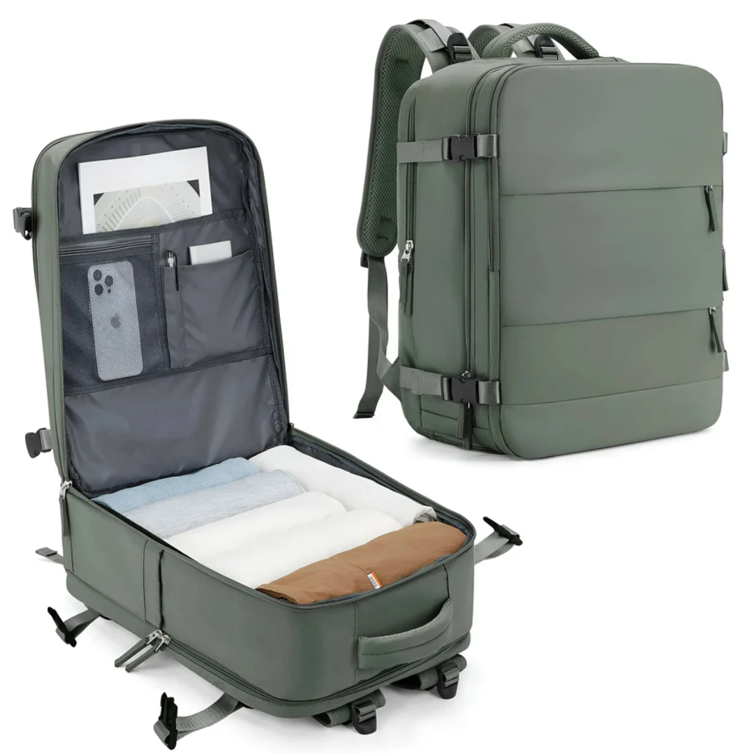 Compact unisex TravelMate carry-on suitcase at airport, perfect for efficient, lightweight business & weekend travel.