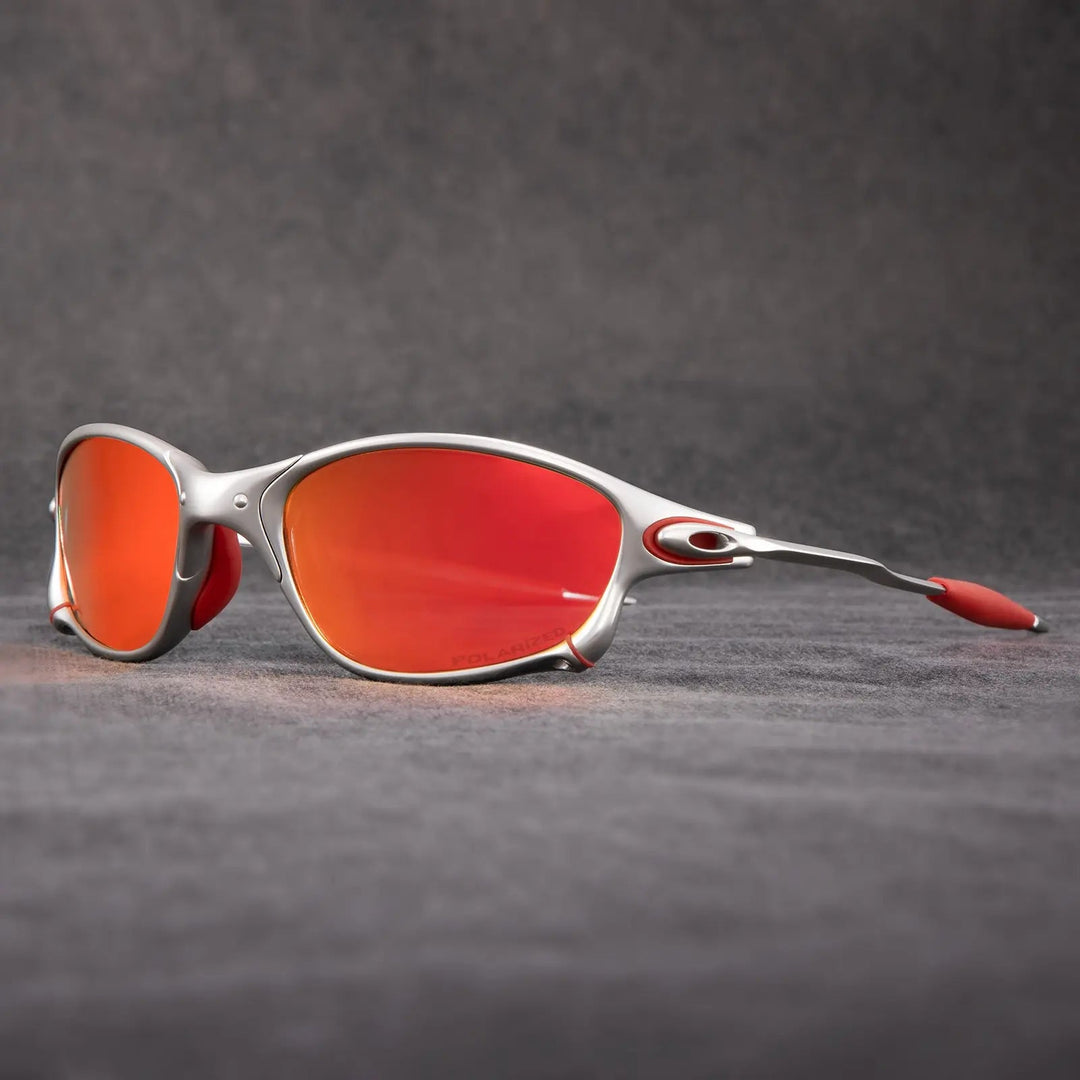 Unisex sporty polarized sunglasses with metallic frame & red mirrored lenses. Ideal for glare reduction & UV400 protection.