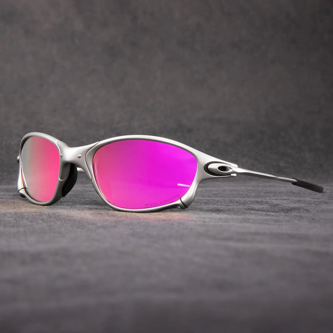Metallic frame polarized sunglasses for sports & driving. Red mirrored lenses offer glare reduction & UV400 eye protection.