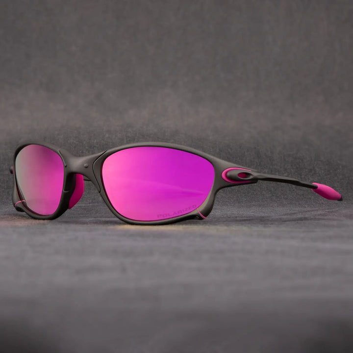 Sporty polarized sunglasses with sleek metallic frame & vibrant red lenses. Perfect for outdoor activities & glare reduction.