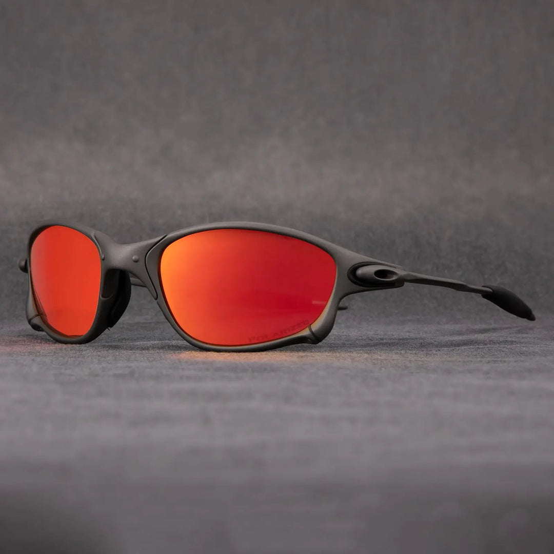 Red lenses polarized sporty sunglasses, unisex metallic frame. Excellent glare reduction for driving, cycling & beach.