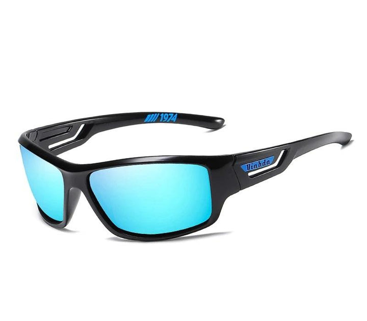 Sporty polarized sunglasses worn during outdoor activity, UV400 & anti-glare eye protection.