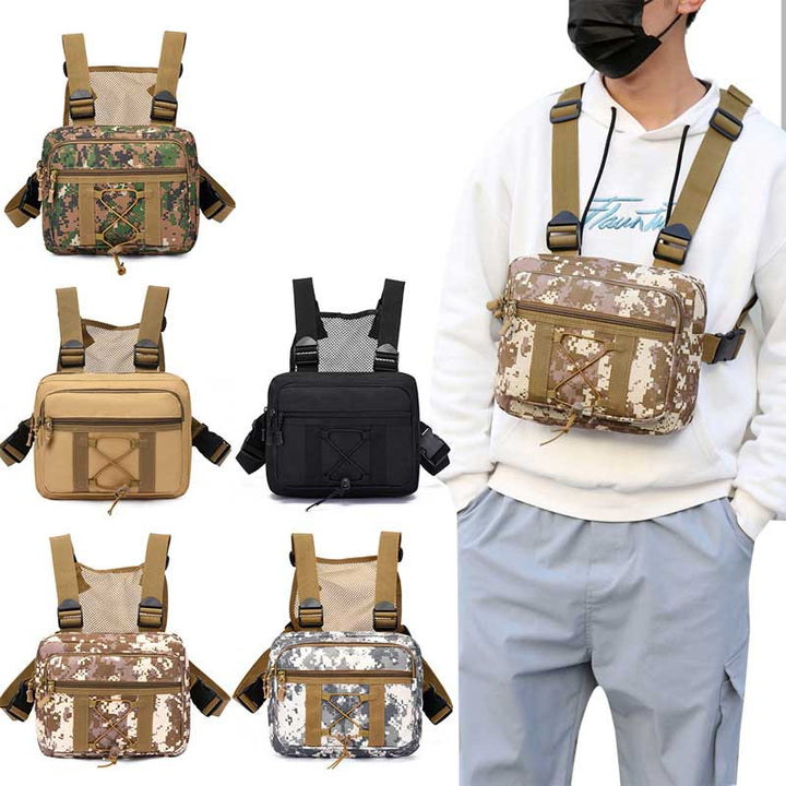 Unisex tactical chest rig bag, water-resistant with multi-pockets for outdoor gear, hiking & travel.