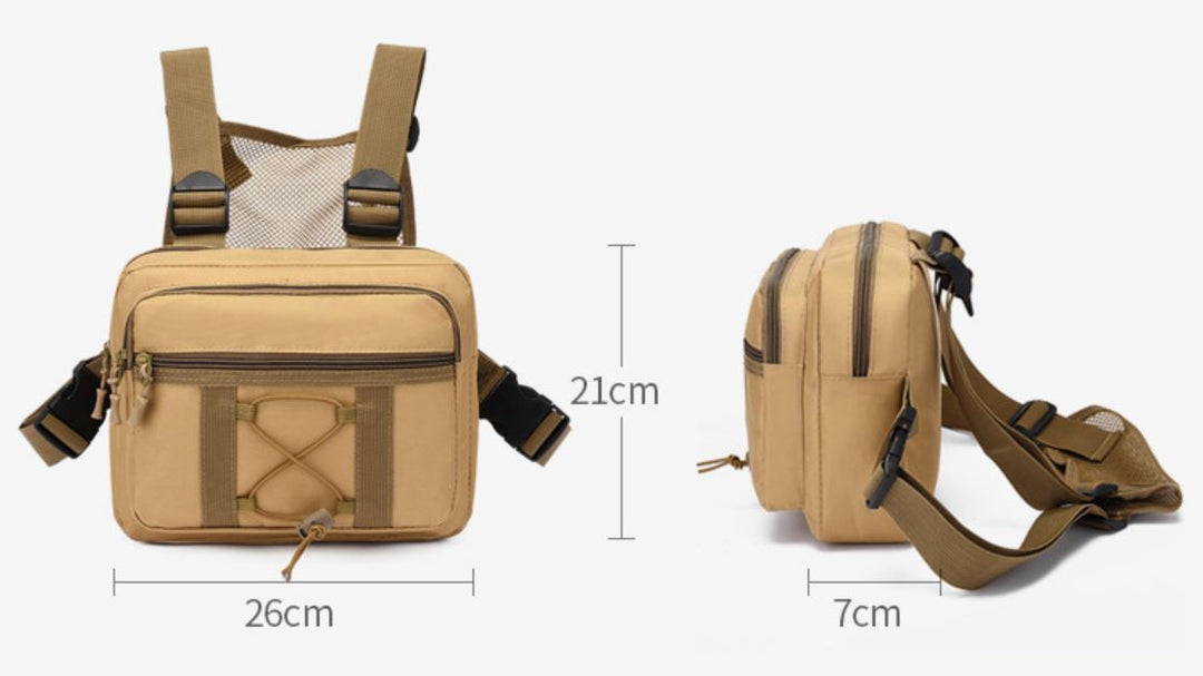 Military-style unisex chest rig bag, water-resistant, multi-pocket design for tactical outdoor use.