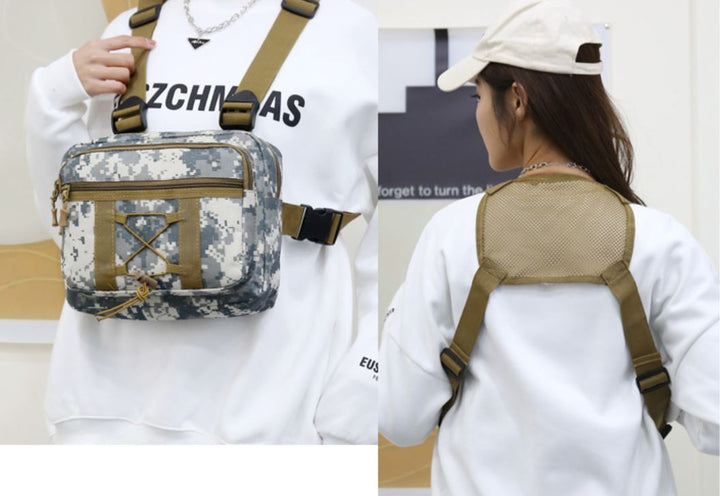 Multi-pocket tactical chest rig bag, unisex, water-resistant, perfect for outdoor gear & travel essentials.