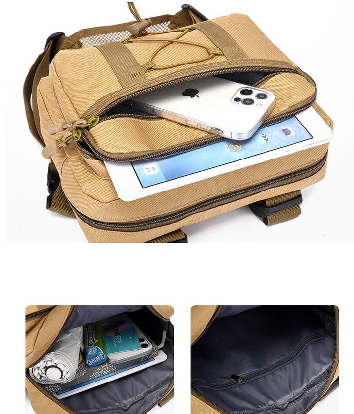 Water-resistant tactical chest rig bag, durable design for hiking, travel & outdoor adventures.
