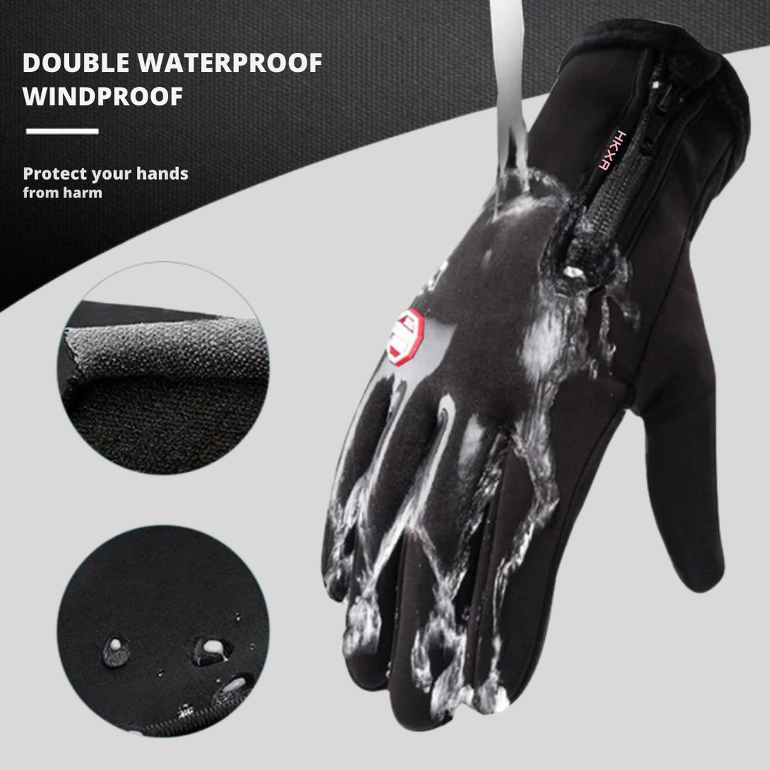 Close-up of unisex thermal gloves, highlighting durable material and touchscreen compatibility for cold weather.