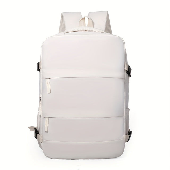 Modern travel backpack with 180° opening for quick access, includes a separate compartment for shoes.