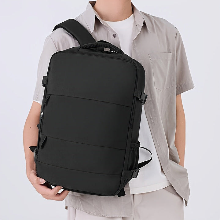 Adventure travel backpack with sturdy construction, a 180° opening, and shoe storage capability.