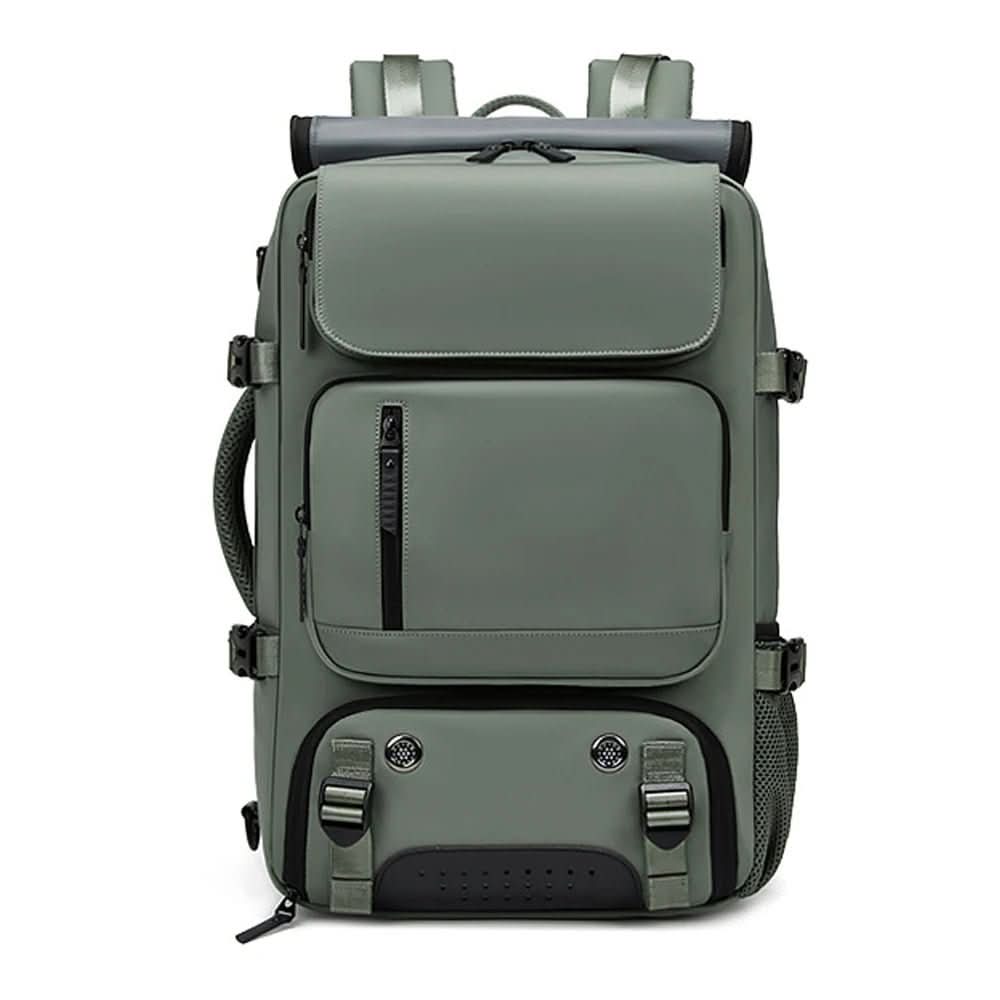 Water-resistant travel backpack with ergonomic design, laptop sleeve, & shoe compartment.
