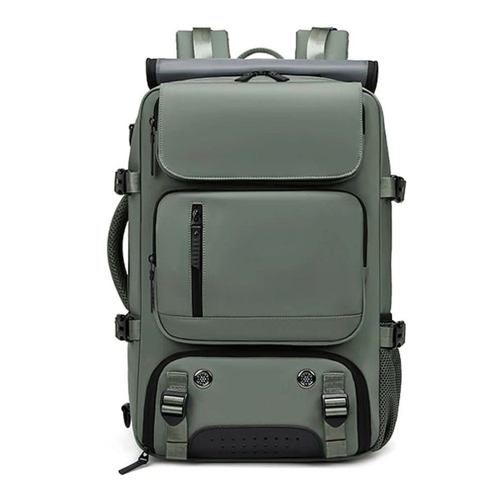 Water-resistant travel backpack with ergonomic design, laptop sleeve, & shoe compartment.