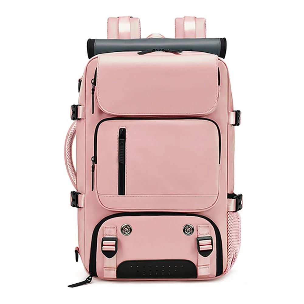 Rugged travel backpack with laptop space, shoe section, & USB port for adventurous travelers.
